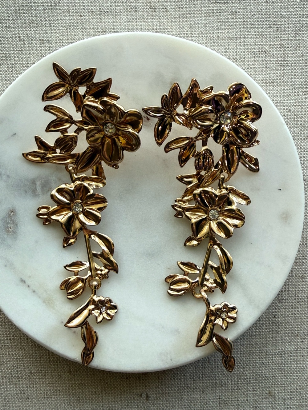 Gold Tone Floral Vine Statement Earrings with Crystal Centers